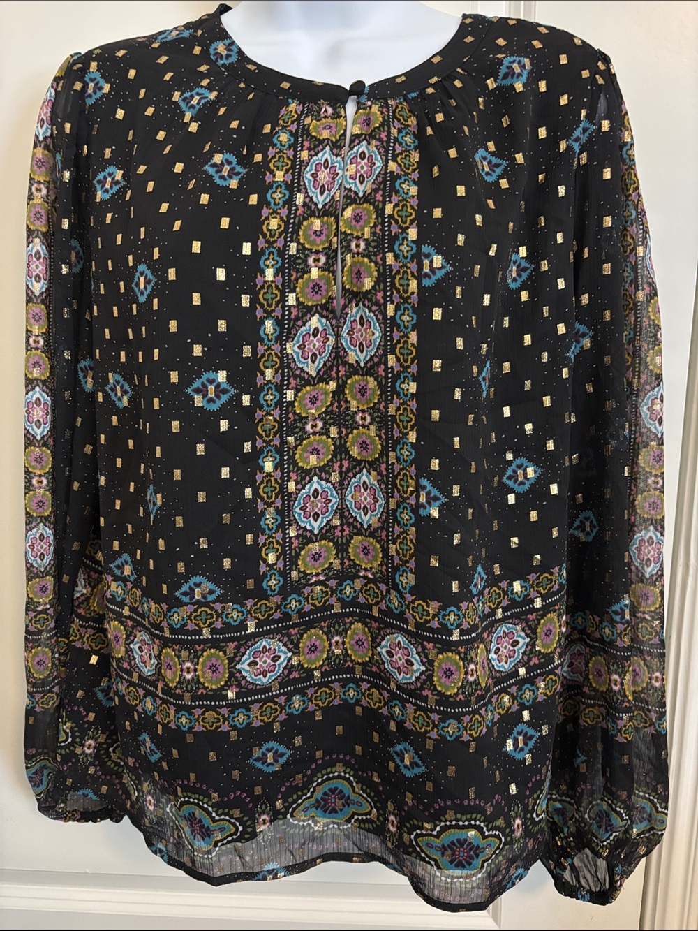 Loft Black Floral-Print Long-Sleeve Top L